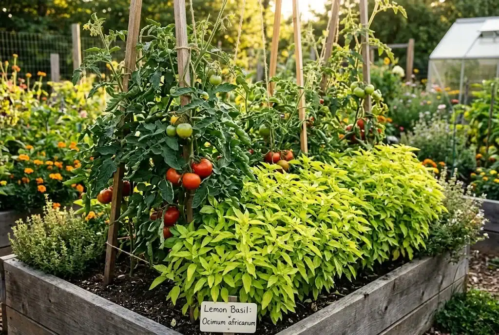 Lemon basil companion planted beside staked heirloom tomato vines in a sunny raised garden bed