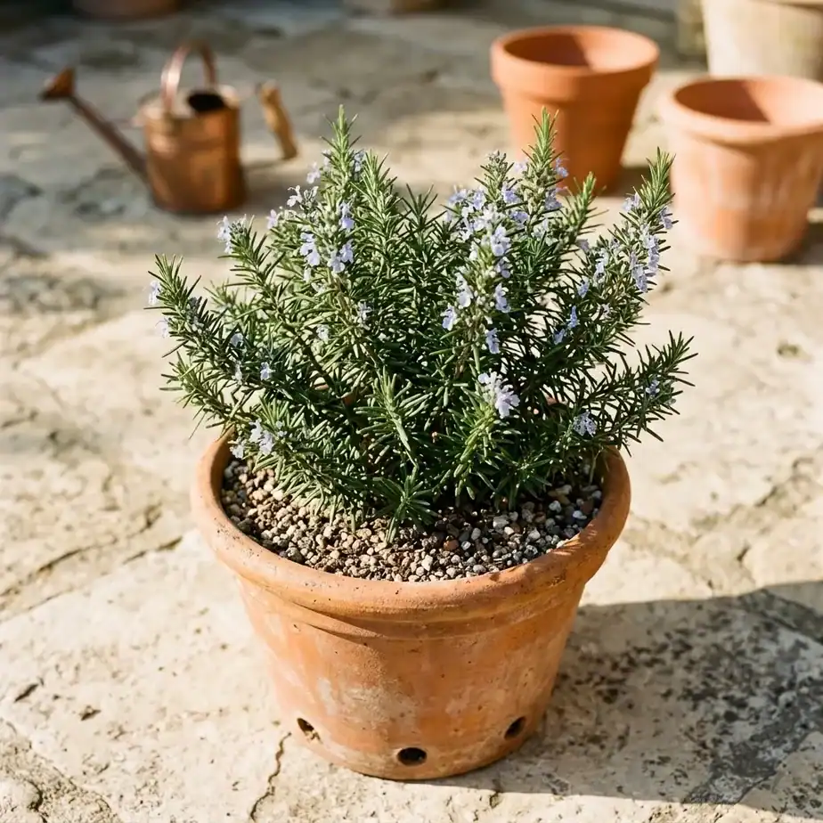 A mature rosemary plant in a 12 inch terracotta container on a sunny patio