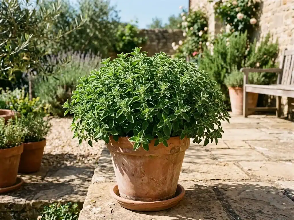 Bushy Greek oregano plant thriving in a terracotta container on a sunny patio