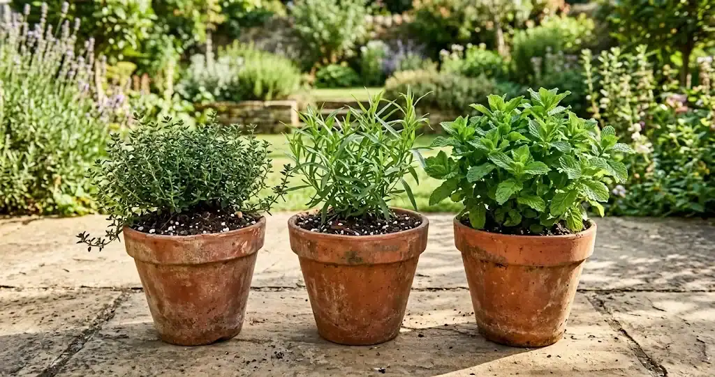 Unglazed terracotta containers on a sunny stone patio planted with trailing thyme, French tarragon, and isolated spearmint