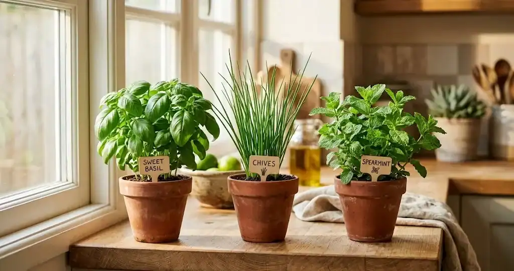 Bright kitchen windowsill with small terracotta pots of sweet basil, chives, and spearmint in morning sunlight