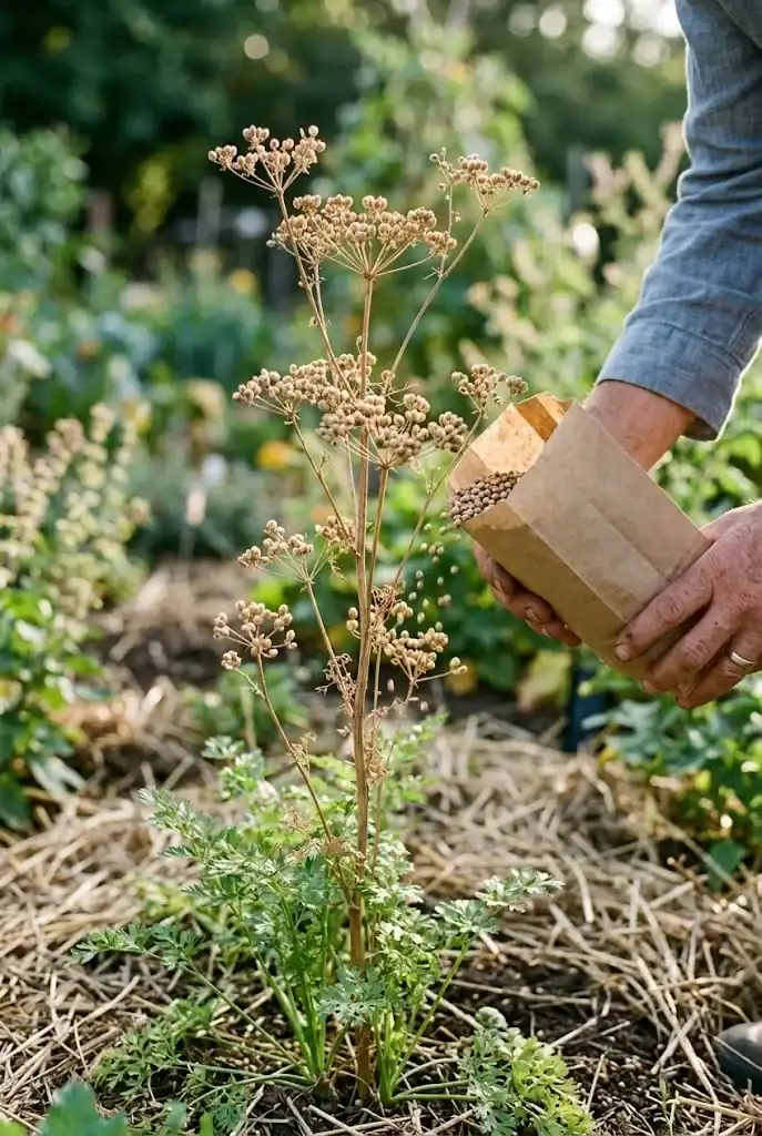 Bolted cilantro plant with dried seed heads tipping into a paper bag to catch coriander seeds