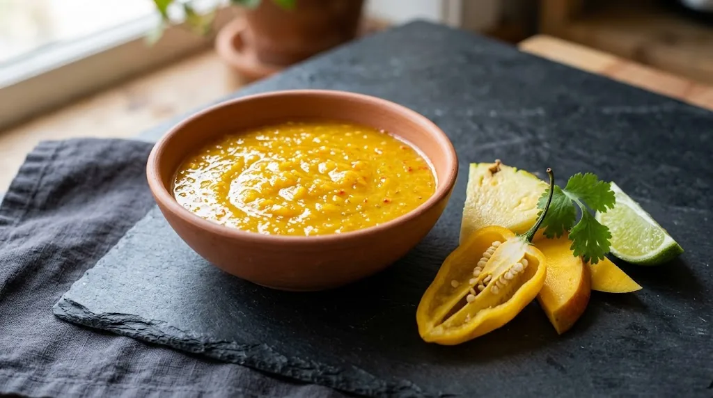 Glossy yellow-orange Fatalii hot sauce with pineapple, mango, and lime in a terracotta bowl on dark slate