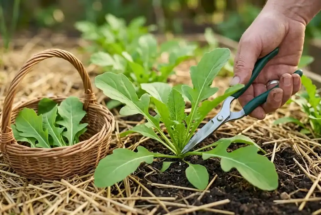 Close-up of clean garden snips cutting a single outer rocket Eruca sativa leaf at the base while leaving the central crown intact, with already-cut leaves in a small wicker trug
