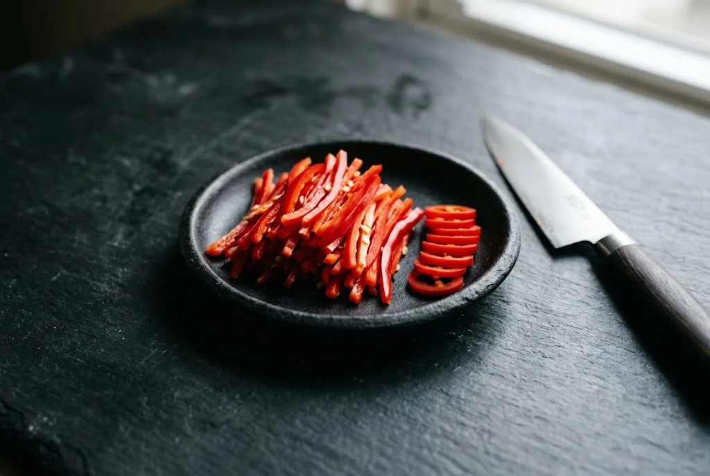 A small dark ceramic prep dish on dark matte slate holding a neat pile of thin red jalapeño strips and a few thin rings, with a sharp chef's knife resting beside the dish