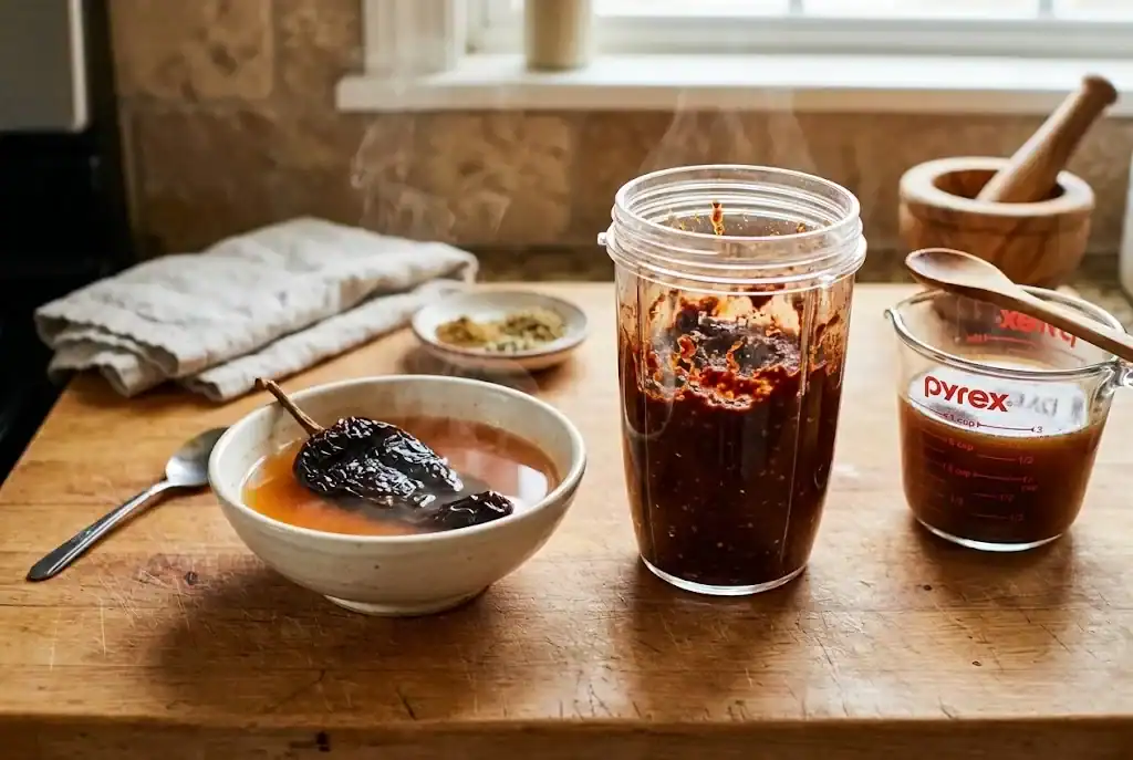 Dried ancho chile soaking beside a blender cup of dark red chile sauce