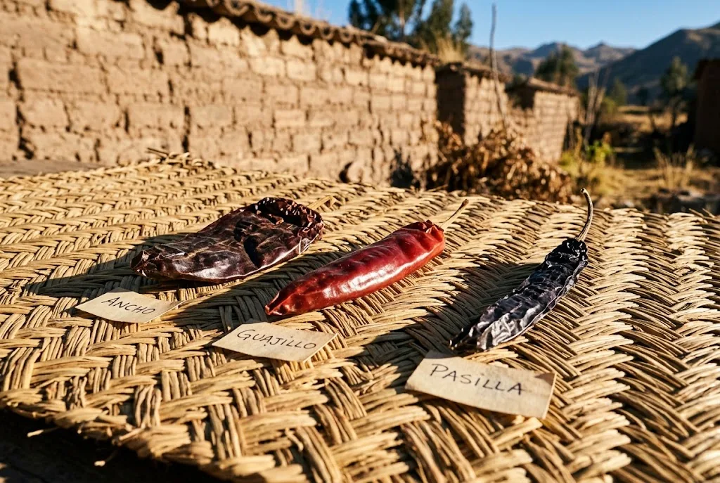 Three named dried Mexican chili pods (Ancho, Guajillo, Pasilla) on a woven straw mat in late afternoon sun