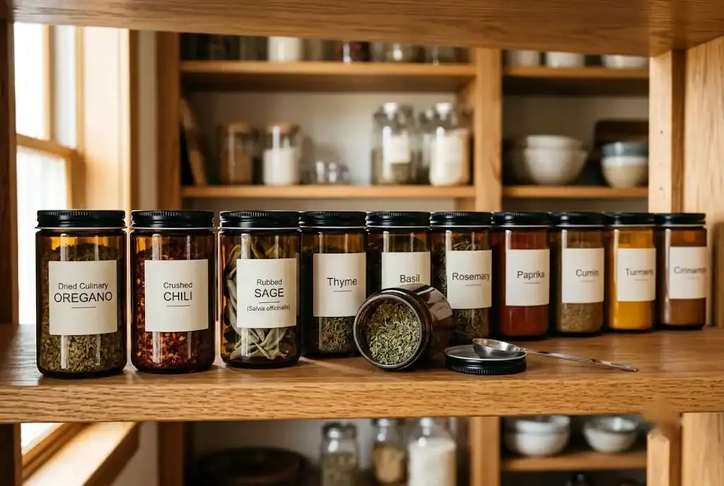 Organized pantry spice rack with uniform amber glass spice jars, black airtight lids, and printed labels for dried culinary herbs