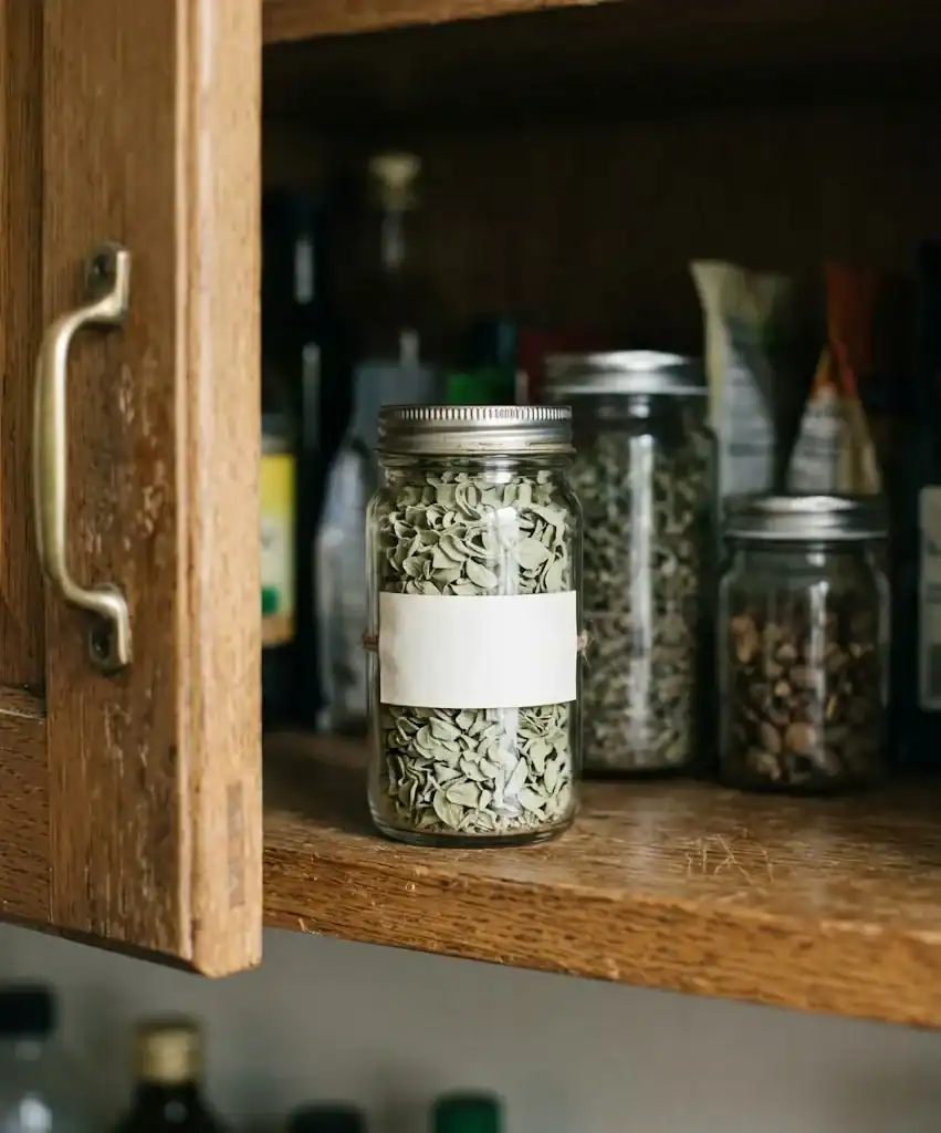 A glass jar of whole dried marjoram leaves on a cupboard shelf away from direct light