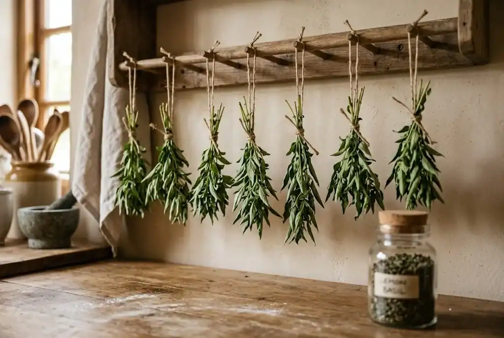 Small bundles of lemon basil hanging upside down from a wooden drying rack with twine in a warm kitchen