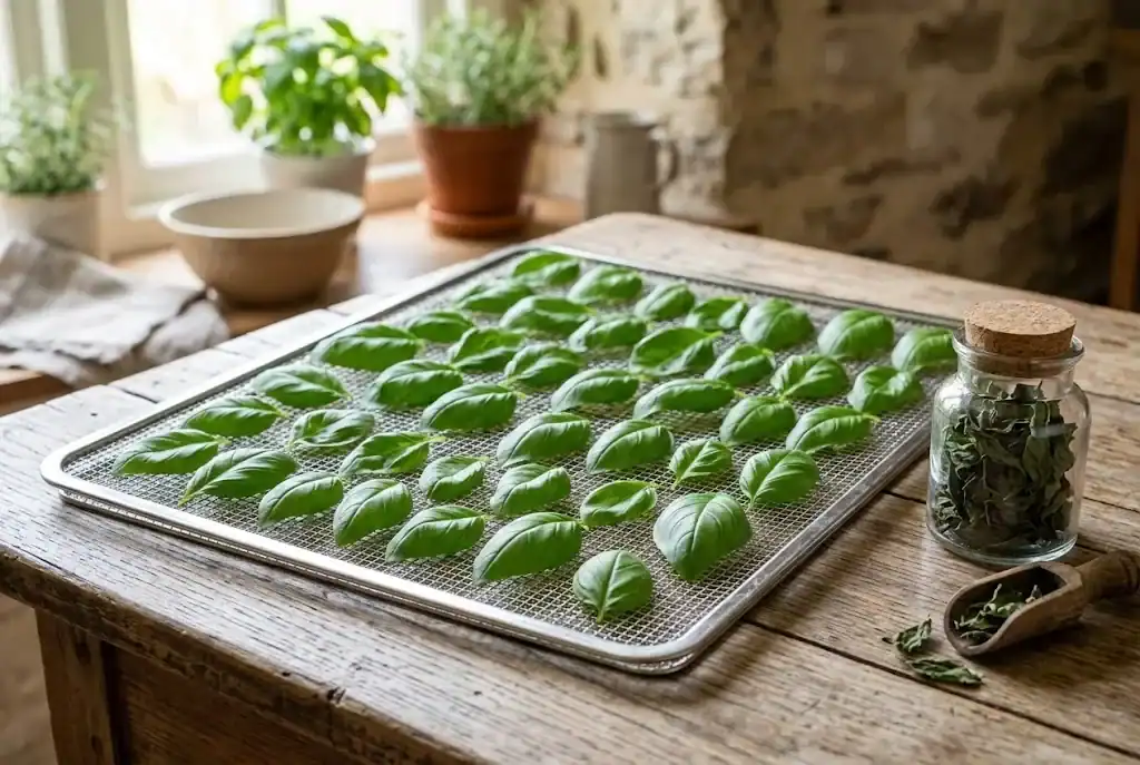 Whole sweet basil leaves arranged on a food dehydrator tray with dried whole leaves in a glass jar