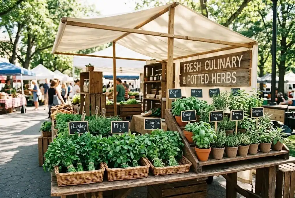 Rustic farmers market table with woven baskets of fresh-cut culinary herbs and crates of potted herb starts