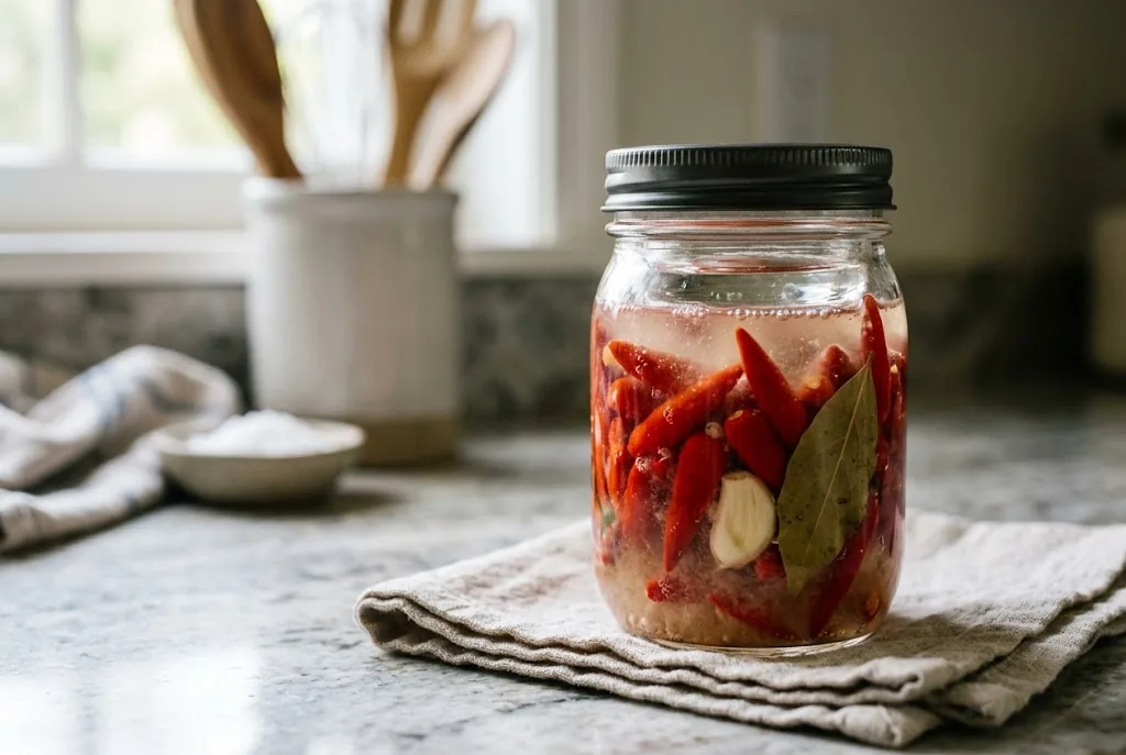 A small glass mason jar of fermenting tabasco-style peppers in salt brine with garlic and bay leaf