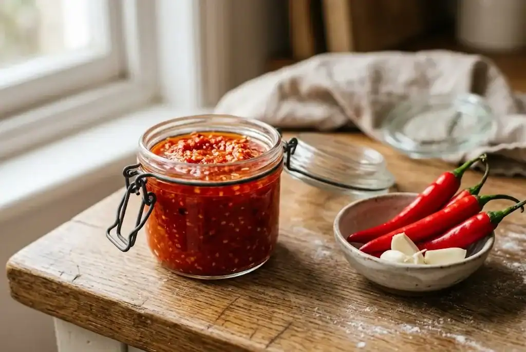 A jar of bright red fermented chili paste next to a bowl of fresh red chili peppers