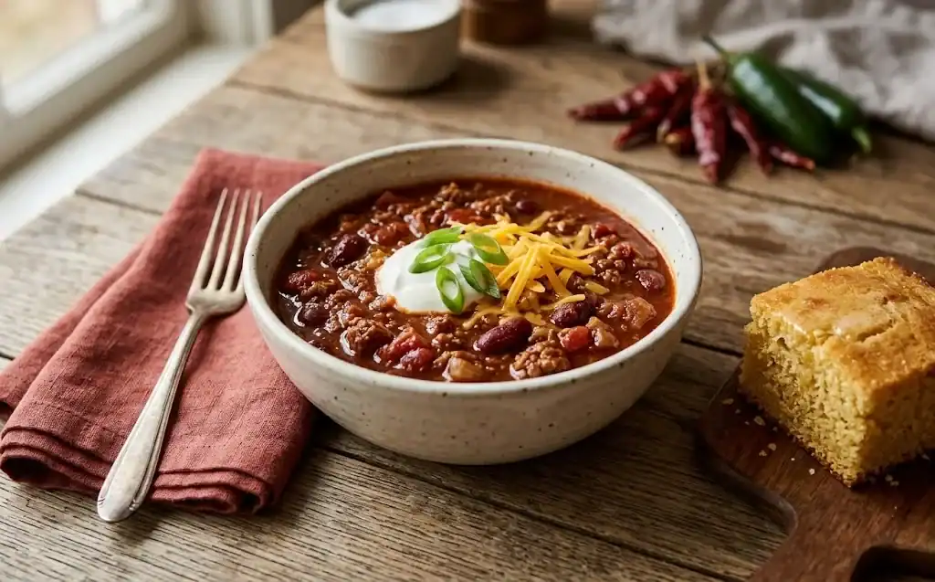A bowl of finished chili topped with sour cream, cheddar cheese, and green onion, beside cornbread on a wooden table