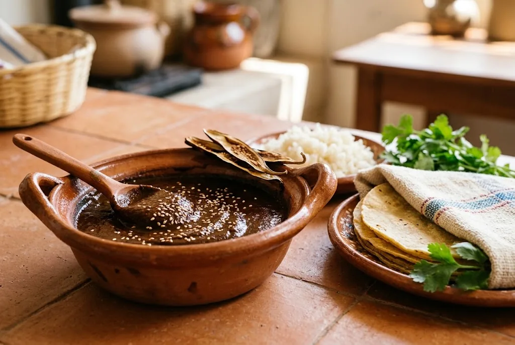 Dark Mexican mole in a terracotta bowl with rice and tortillas