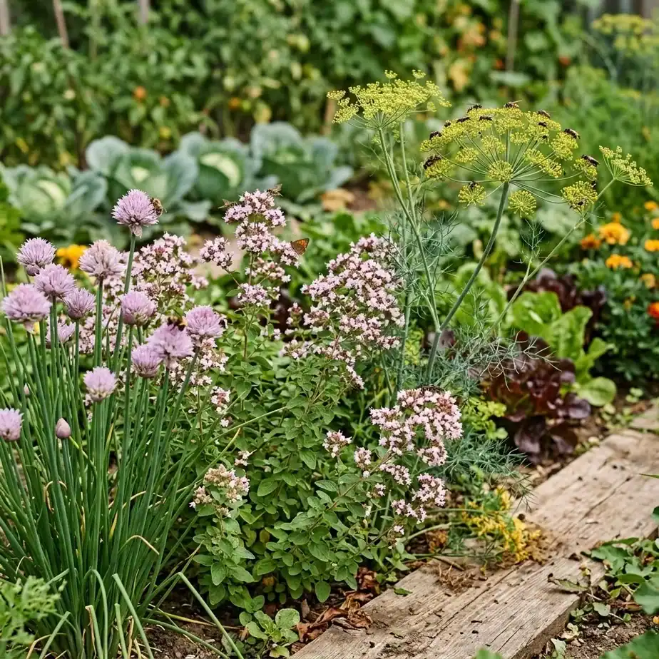 A row of herbs in late summer with chive blossoms, oregano flowers, and dill going to seed