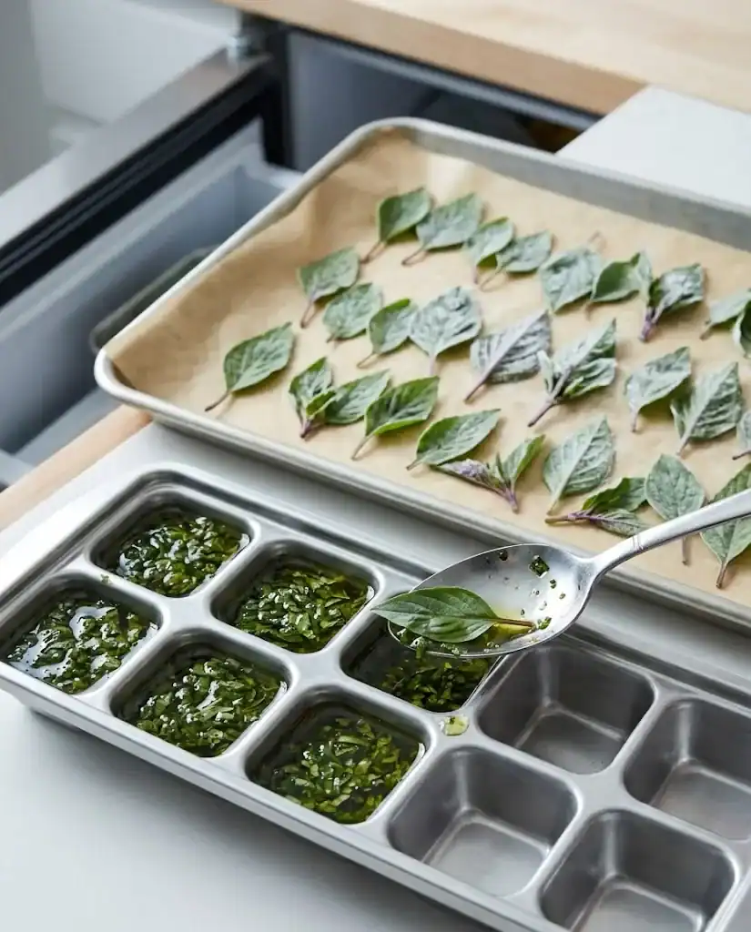 An ice cube tray of green basil oil with whole Thai basil leaves frozen on a sheet pan