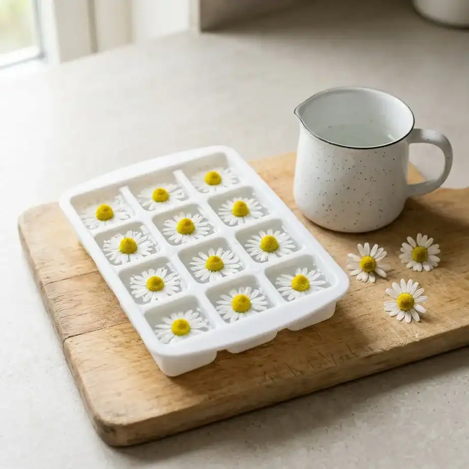 A small ice cube tray on a wood board with chamomile blossoms in each well and water ready to pour