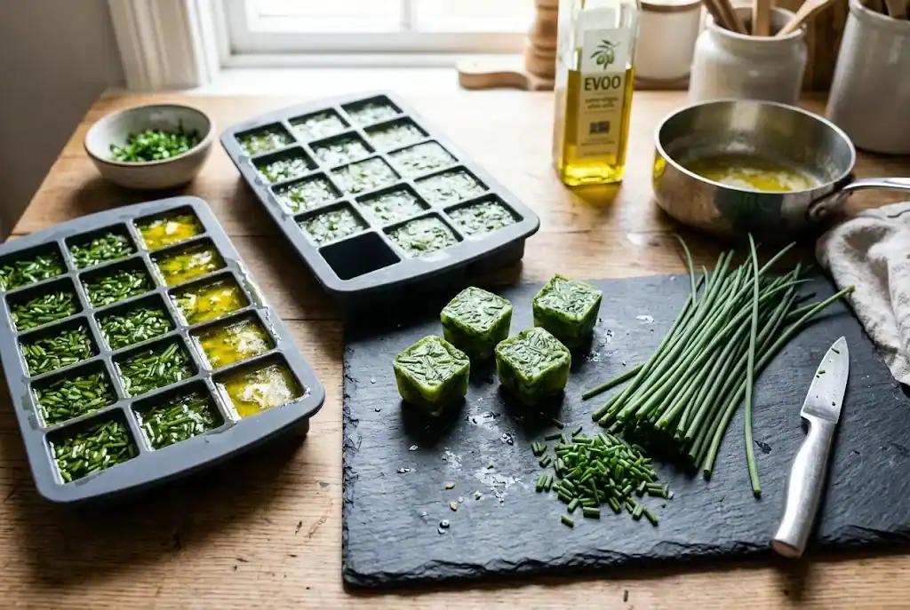 Silicone ice cube trays filled with minced chives suspended in olive oil with frozen herb cubes on a cutting board