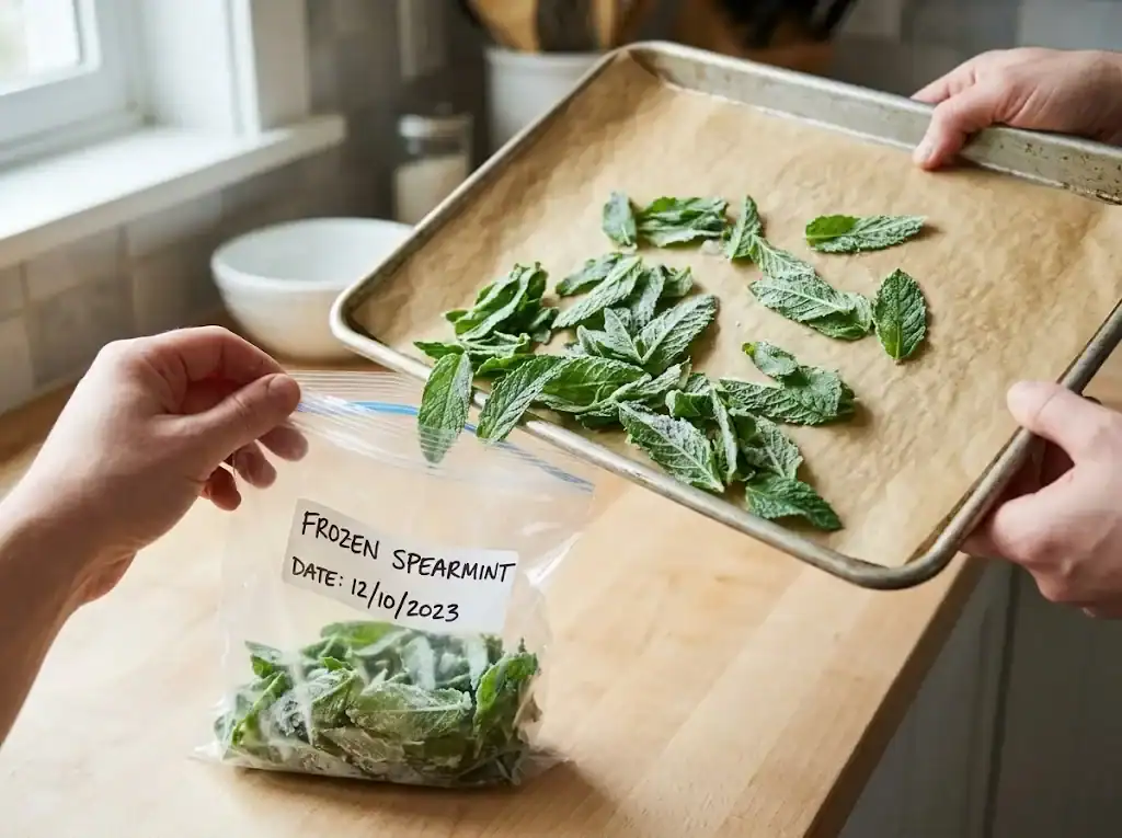 Flat-frozen spearmint leaves being transferred from a baking sheet into a labeled freezer bag