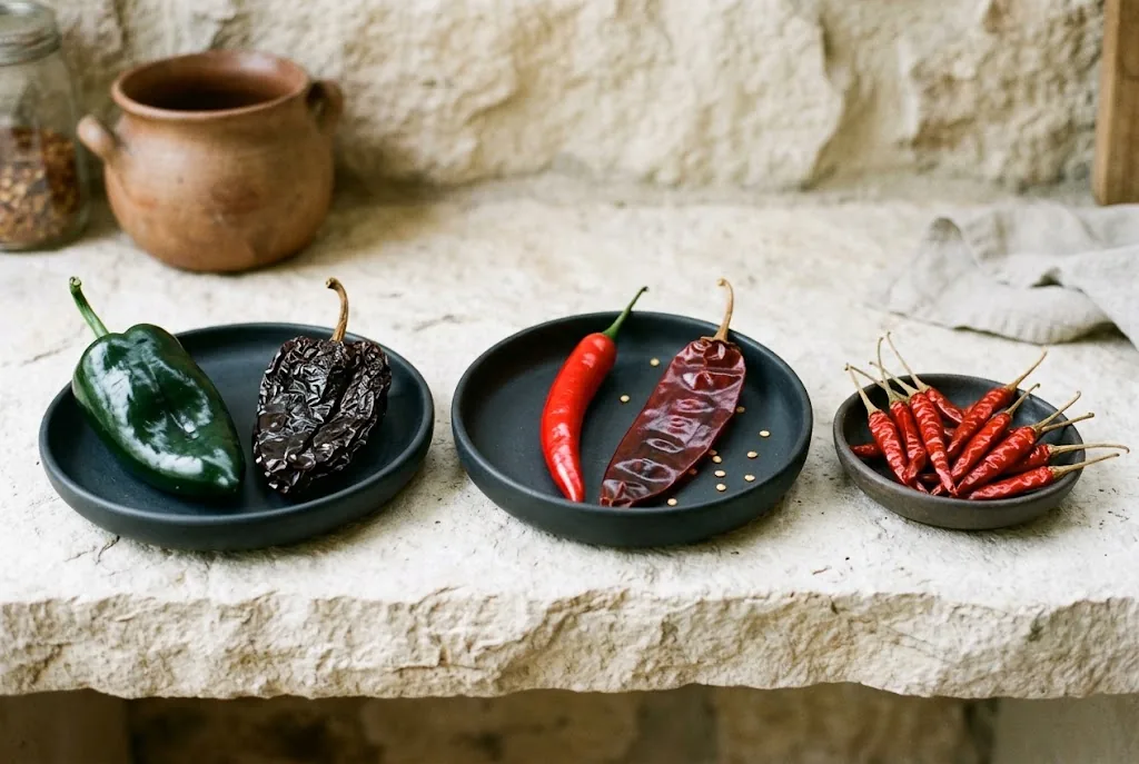 Fresh Mexican chili peppers arranged beside their corresponding dried chile counterparts on a rustic wooden table