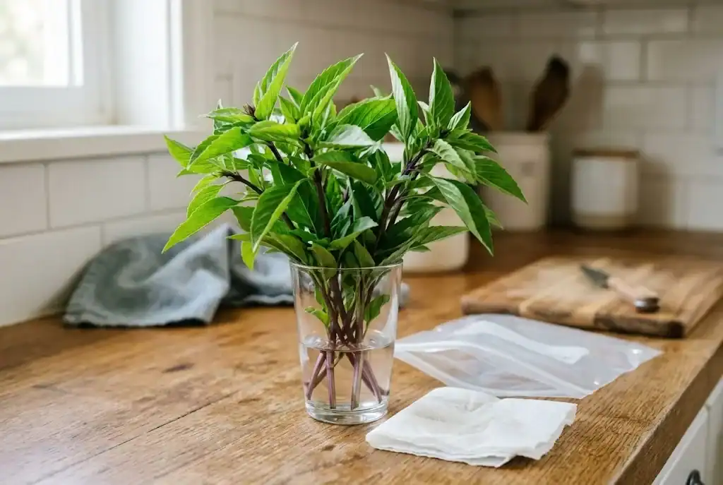 A bunch of Thai basil standing in a glass of water on a kitchen counter for home storage