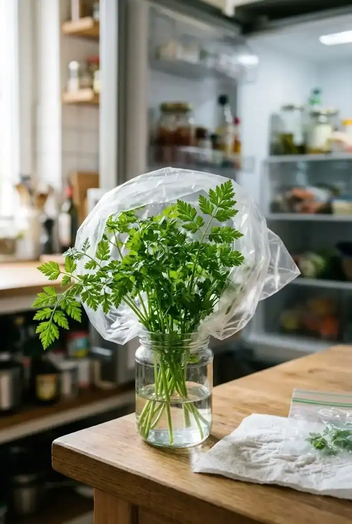 Fresh-cut chervil stems standing in a glass jar of cool water on a kitchen counter