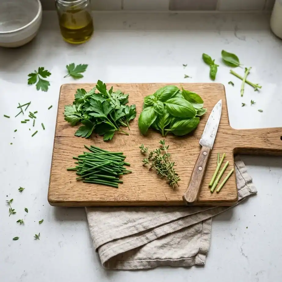 An overhead view of fresh-cut parsley, basil, chive, and thyme in separate small piles on a wooden cutting board beside a paring knife