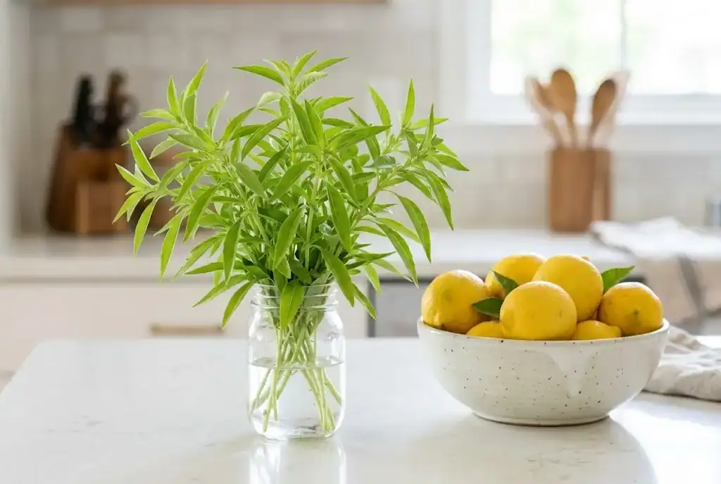 Fresh bouquet of lemon basil stems standing in a glass jar of water on a kitchen counter