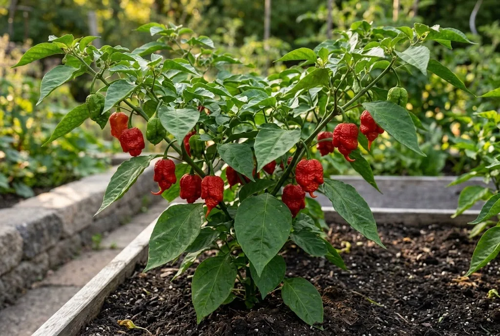 Bushy Carolina Reaper plant carrying ripe red and developing green pods in a raised bed