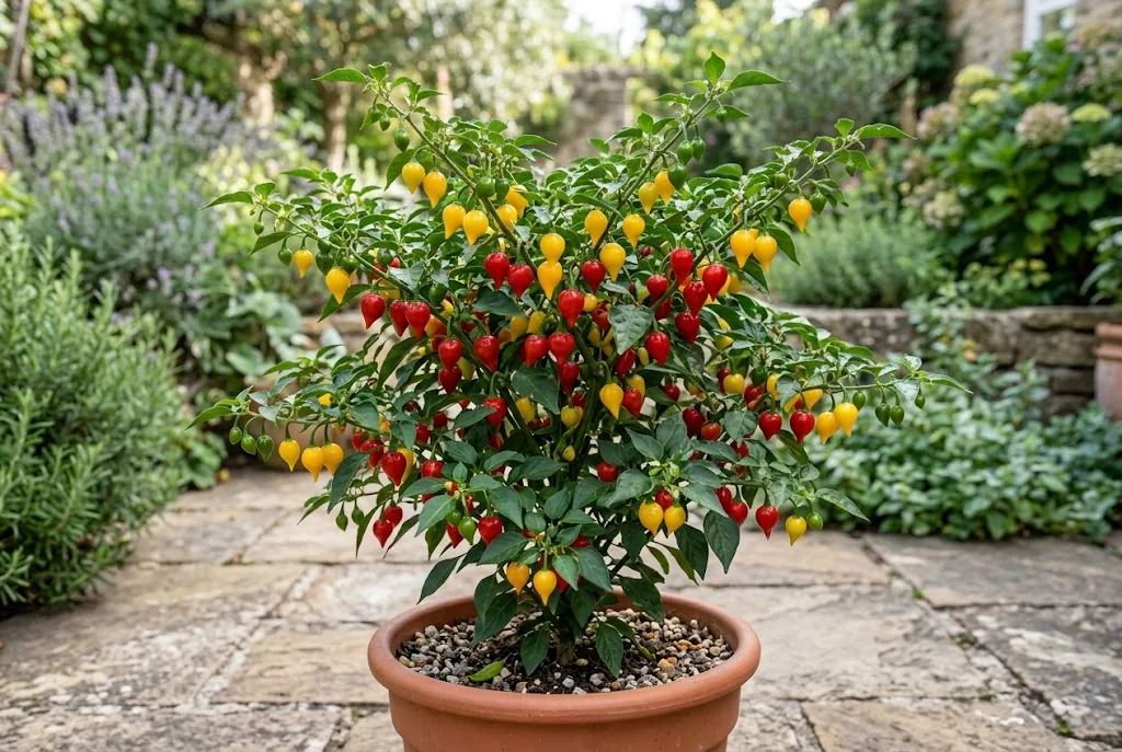 Compact fruiting biquinho pepper plant in a terracotta container on a stone patio