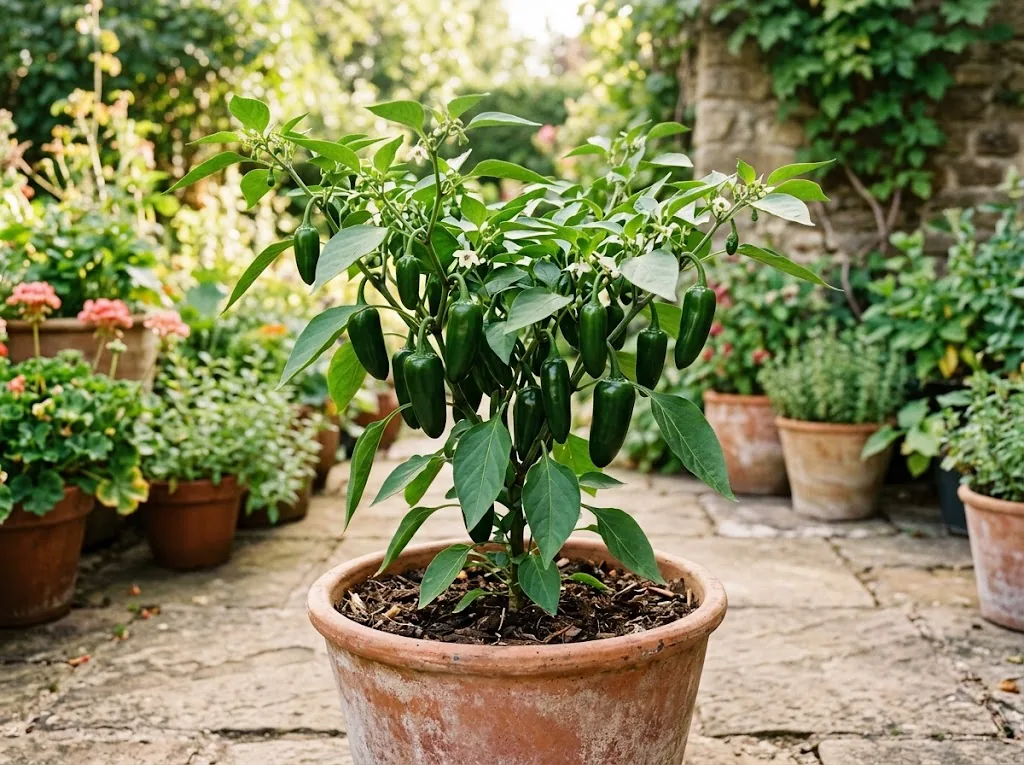Compact jalapeño plant with dark green pods growing in a terracotta container on a sunny terrace
