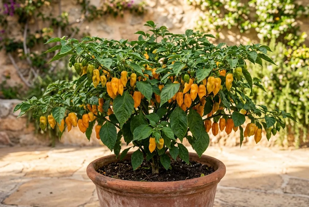 Bushy mature datil pepper plant in weathered terracotta pot on sunny stone terrace