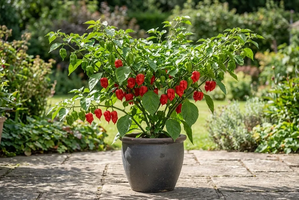 Bushy mature Trinidad Scorpion pepper plant growing in a five-gallon container on a stone patio loaded with peppers