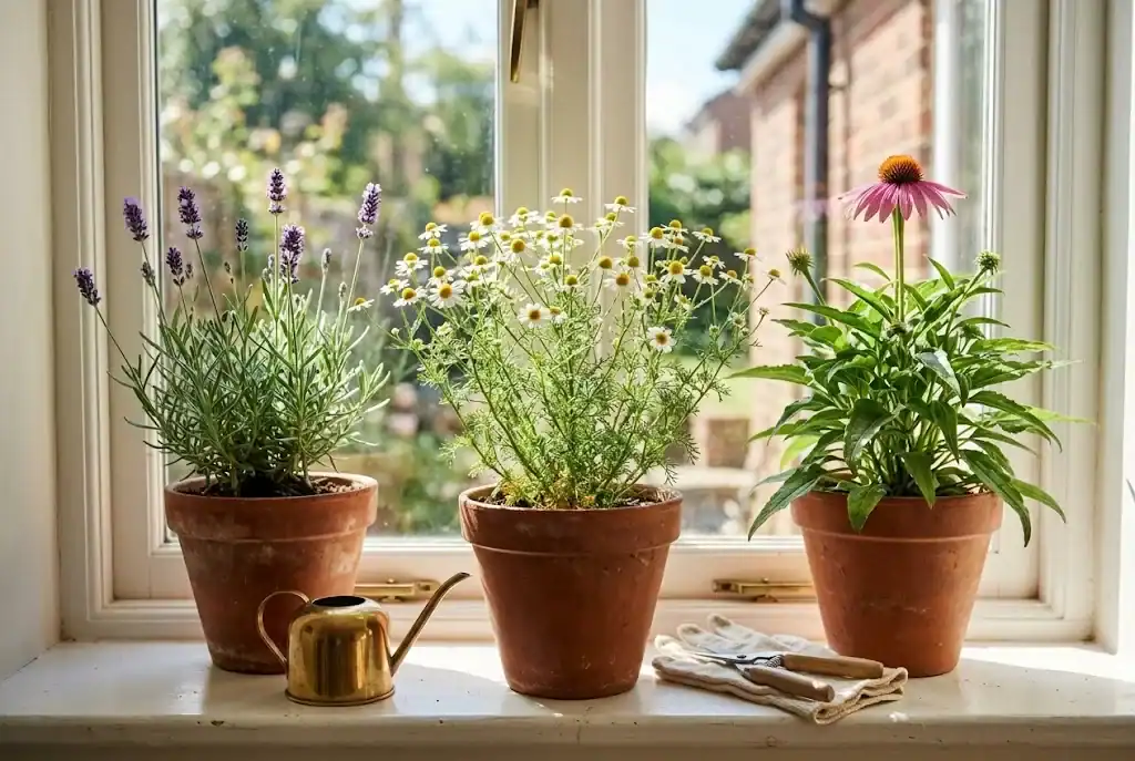 Three terracotta pots on a sunny windowsill holding flowering chamomile, lavender, and echinacea plants