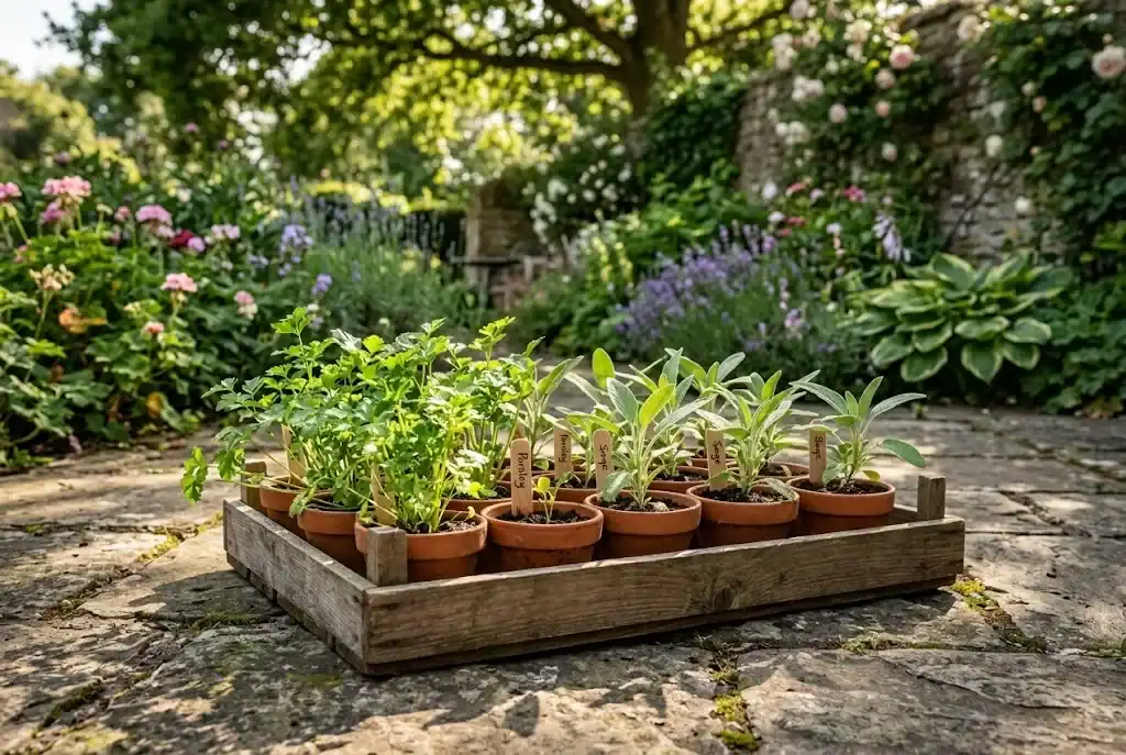 Small terracotta pots of parsley and sage herbs placed outdoors in dappled sunlight for hardening off