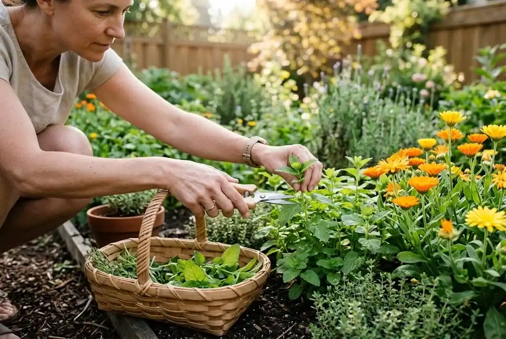 Garden snips harvesting lemon balm stems into a woven basket beside calendula flowers