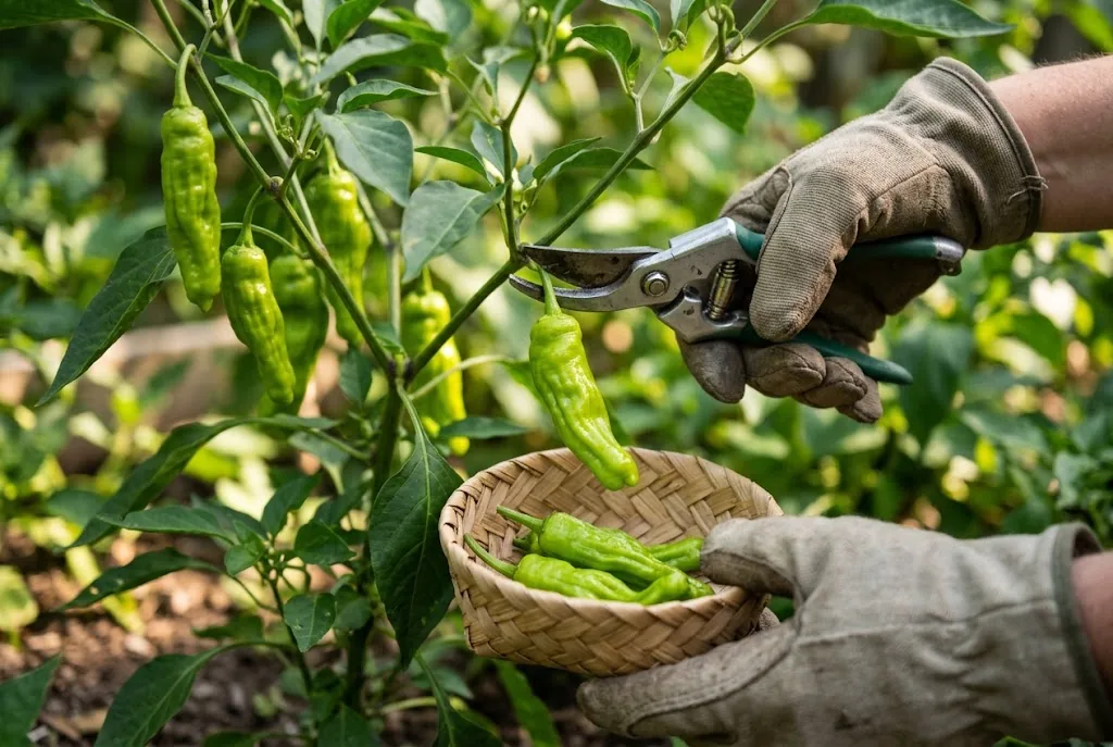 Gloved hand using bypass pruners to snip bright green shishito peppers from a leafy plant into a basket