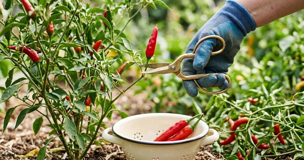 Gloved hand with brass snips cutting a ripe red piri-piri pod from a tall Capsicum frutescens plant into an enamel colander