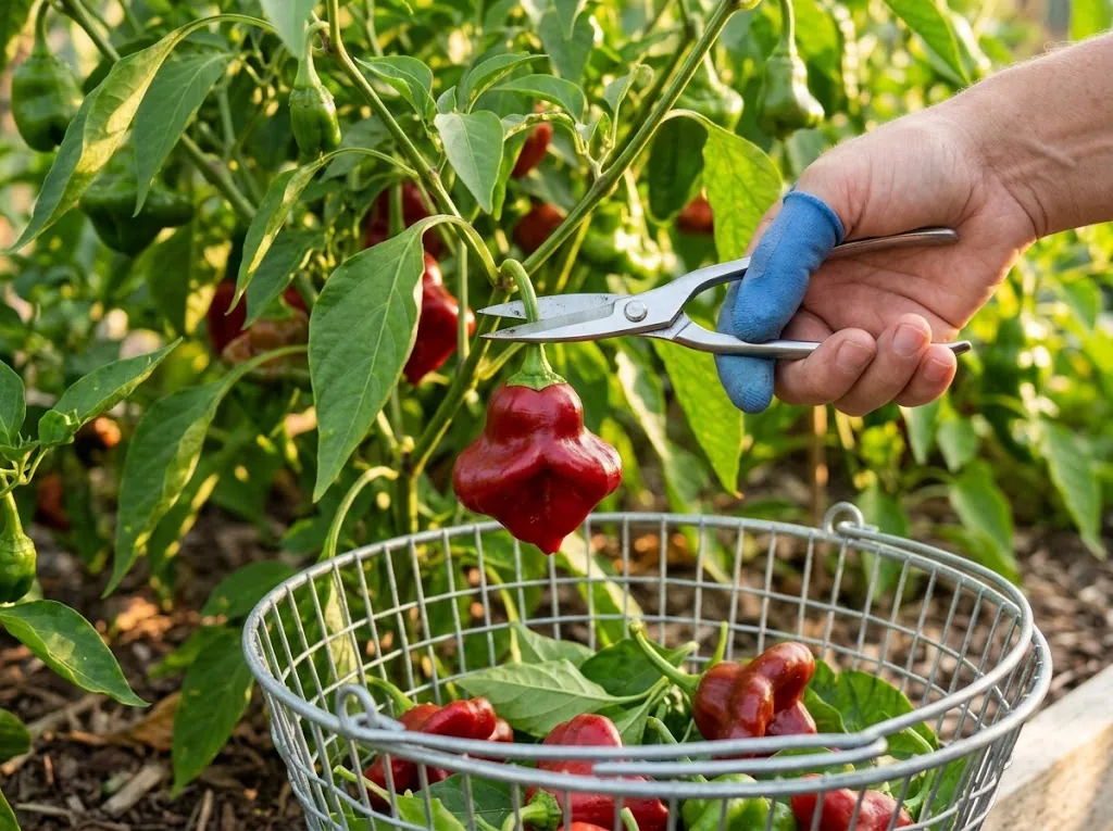 Hand using garden snips to cut the tough stem of a mature red Bishop's Crown pod into a harvest basket