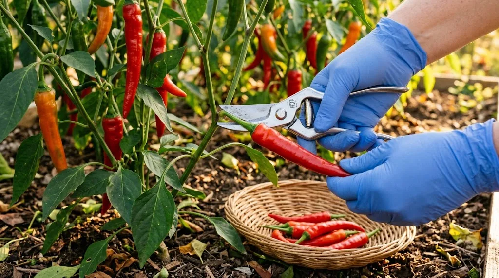 Gloved hand using bypass pruners to harvest a ripe red cayenne pepper into a woven willow basket