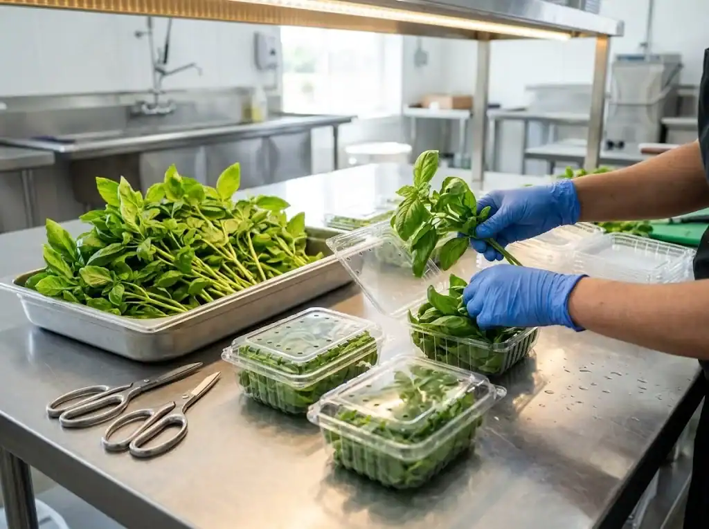 Packing freshly harvested sweet basil into vented produce clamshell containers on a stainless steel prep table