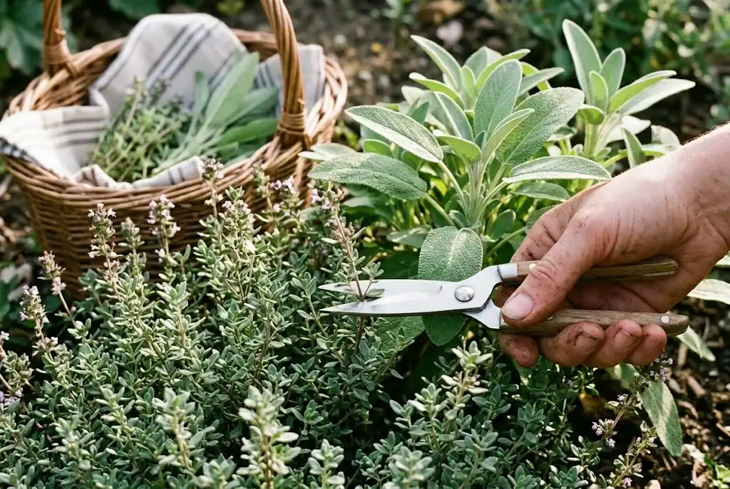 Garden snips cutting a stem of thyme just above a leaf pair, with sage leaves behind the cut