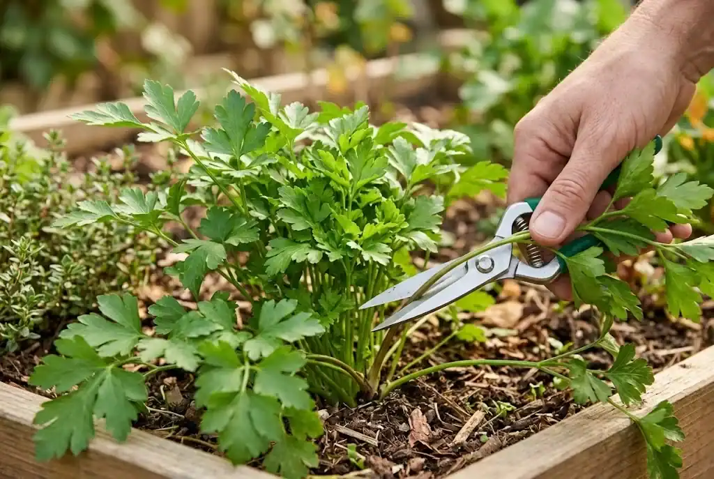 Garden snips cutting outer parsley stems while center growth remains