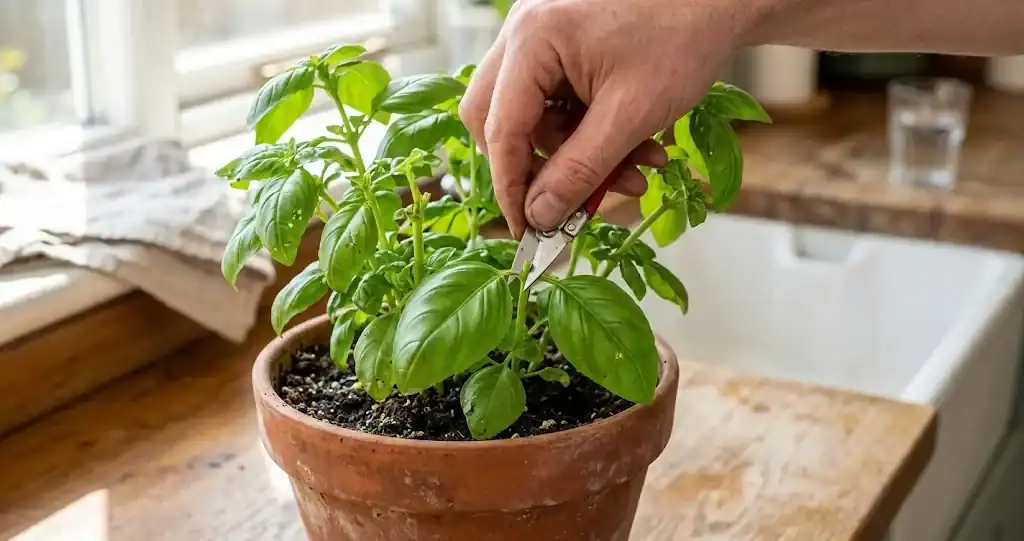 A hand using small garden snips to harvest from a thriving pot of Genovese basil just above a leaf pair on the stem