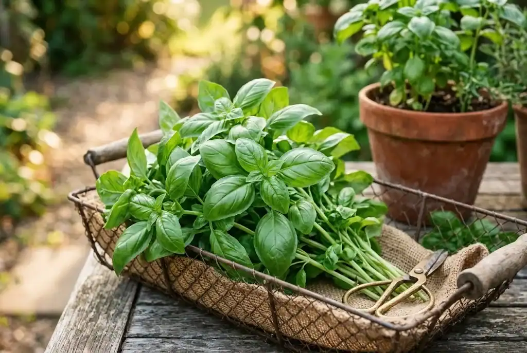 Freshly cut bunch of sweet basil stems in a garden basket with harvesting snips