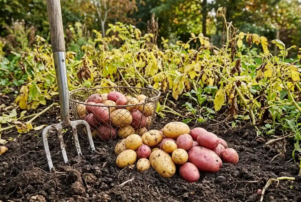 Freshly dug potato tubers resting on garden soil next to a digging fork