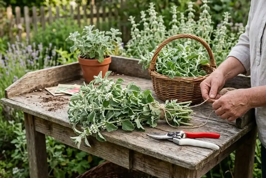 Freshly harvested horehound leafy branches tied with twine on a wooden table beside harvesting shears