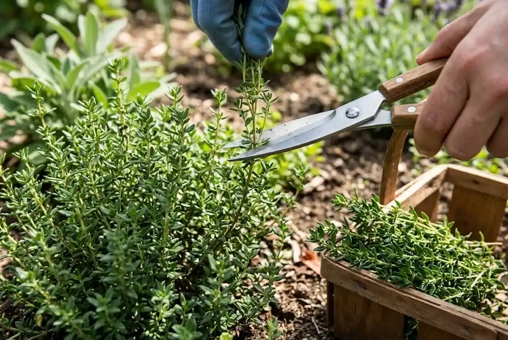 Snipping tender thyme sprigs with garden scissors above the woody base